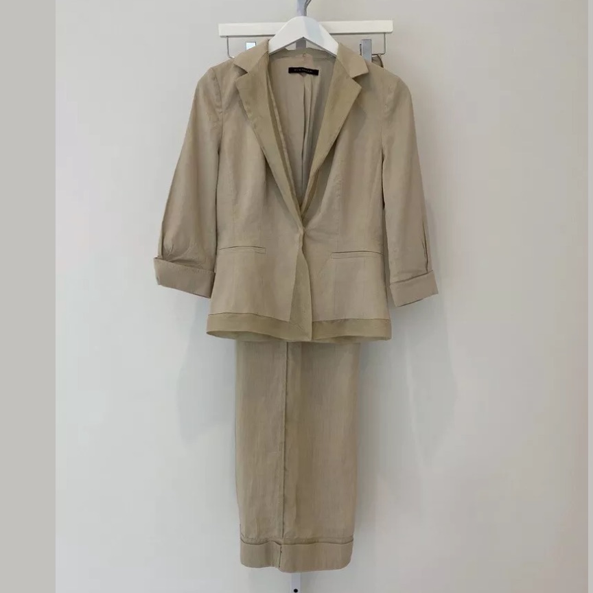 Elie Tahari Beige Linen Jacket Size Us 4 & Ramie Pant Size Us 6 Suit Set